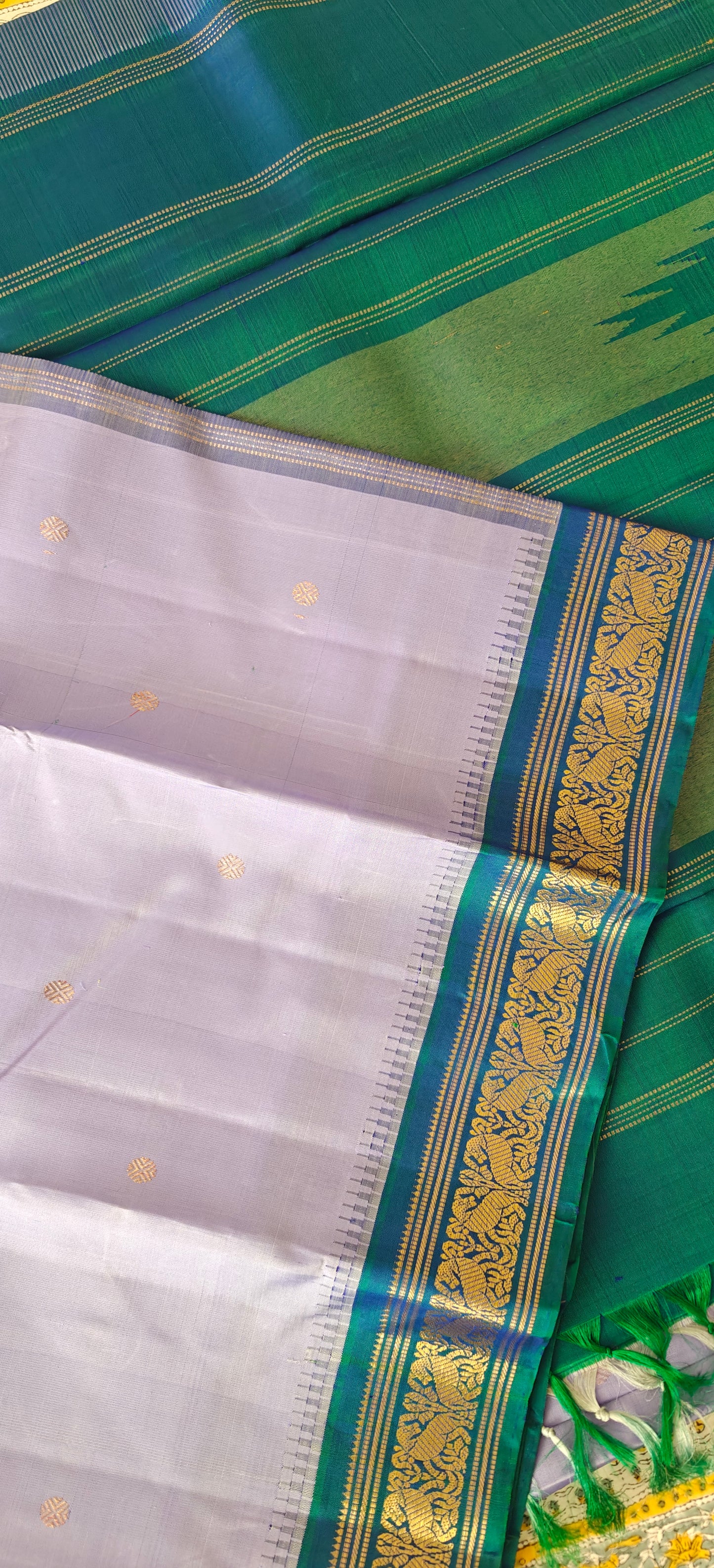 Lavender and peacock blue kanjivaram silk saree