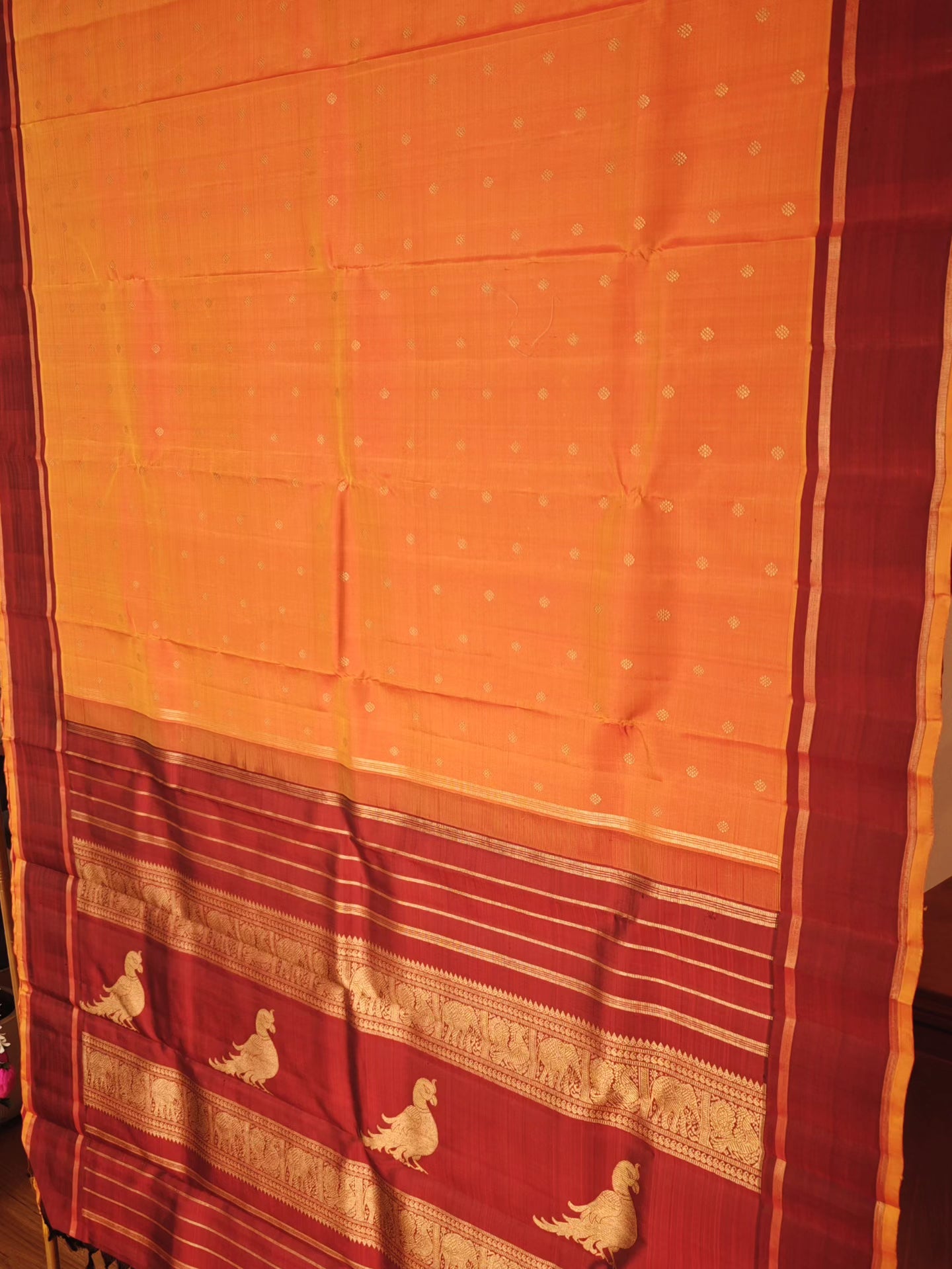 Kesar Orange and Maroon kanjivaram silk saree