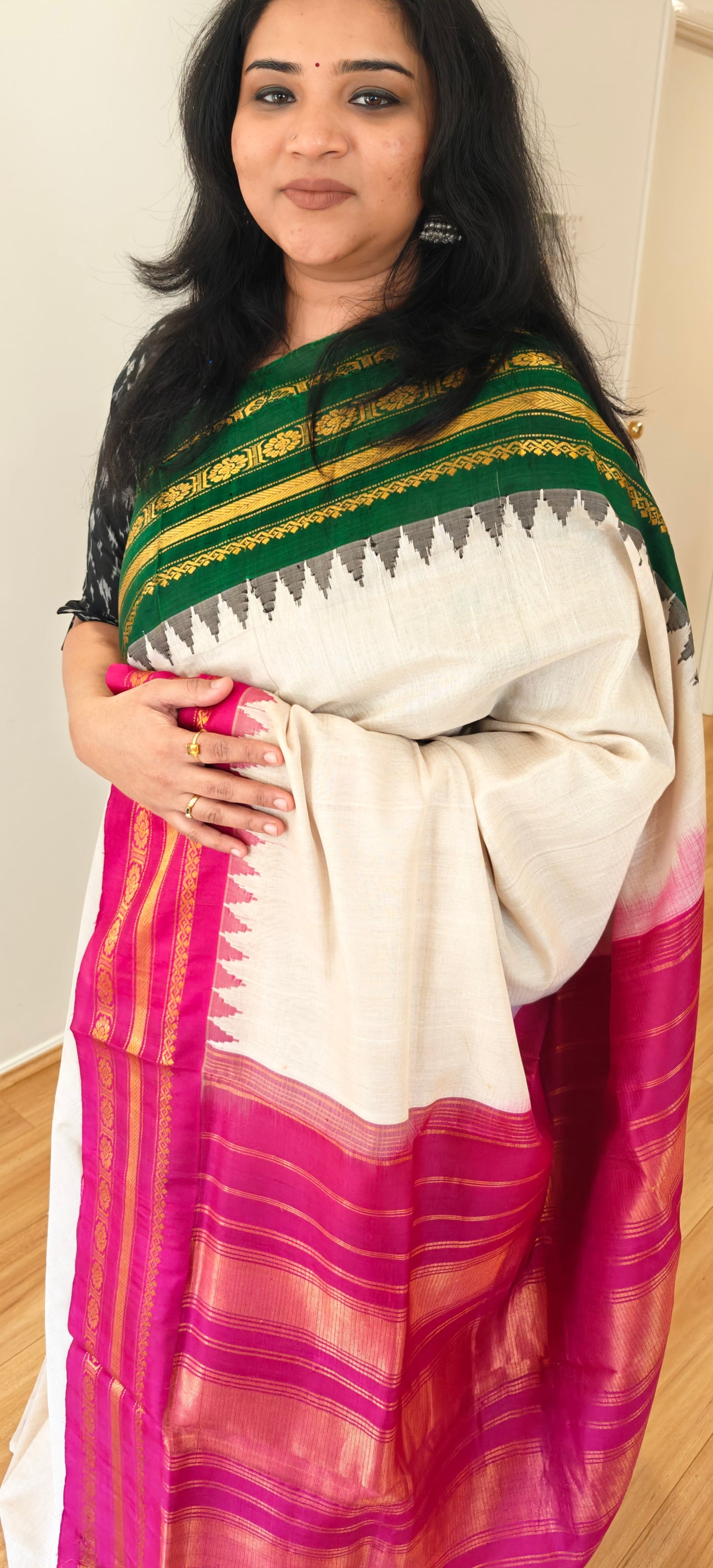Cream with Green and Pink Silk Cotton Gadwal saree