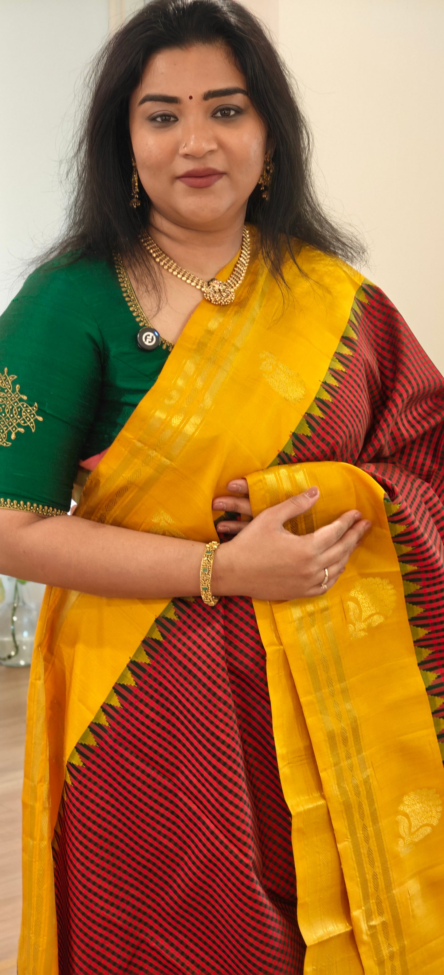 Red and Green with yellow Handwoven Gadwal Silk Sari