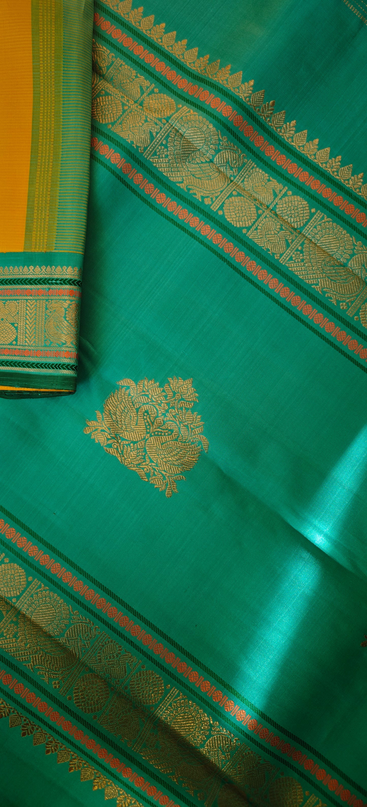 Yellow and Teal blue kanjivaram silk saree