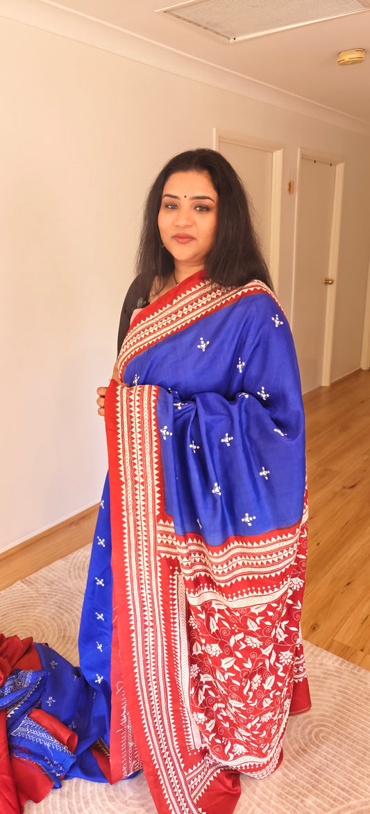 Blue and Rust Kantha Silk Sari