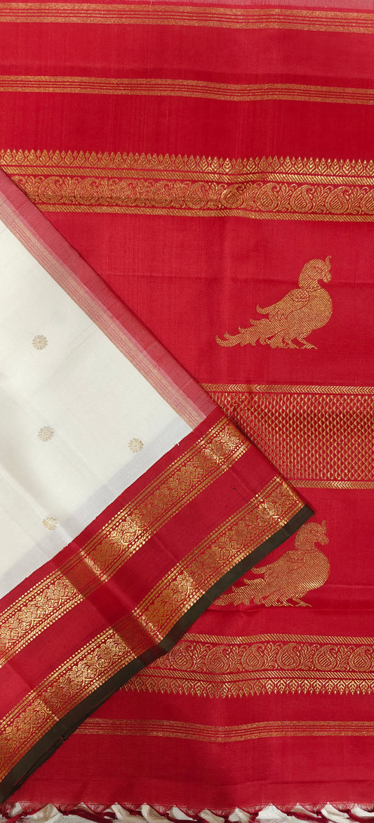 Off White and Red Kanjivaram silk saree