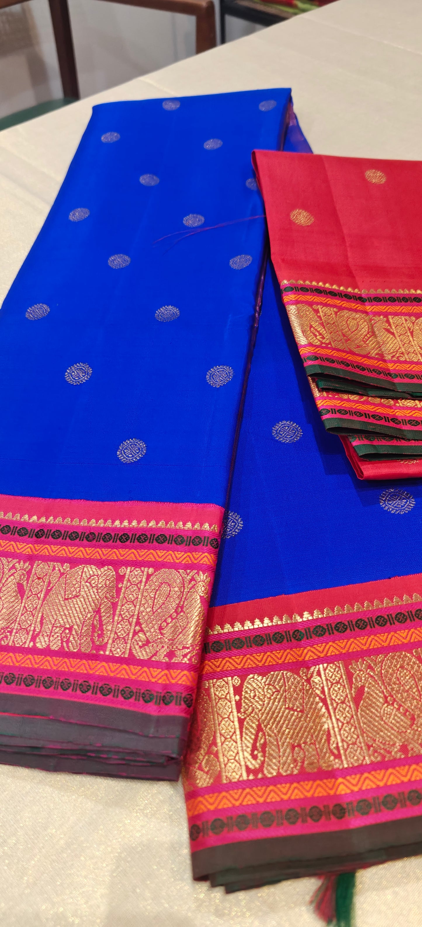 Blue kanjivaram with pink and red double pallu