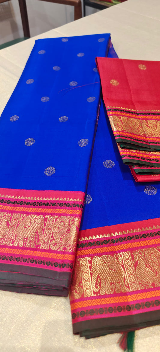 Blue kanjivaram with pink and red double pallu