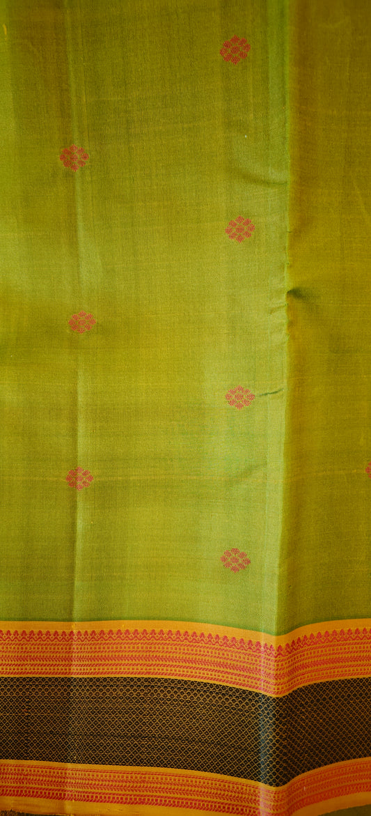 Leaf Green with Yellow & Orange kanjivaram silk saree