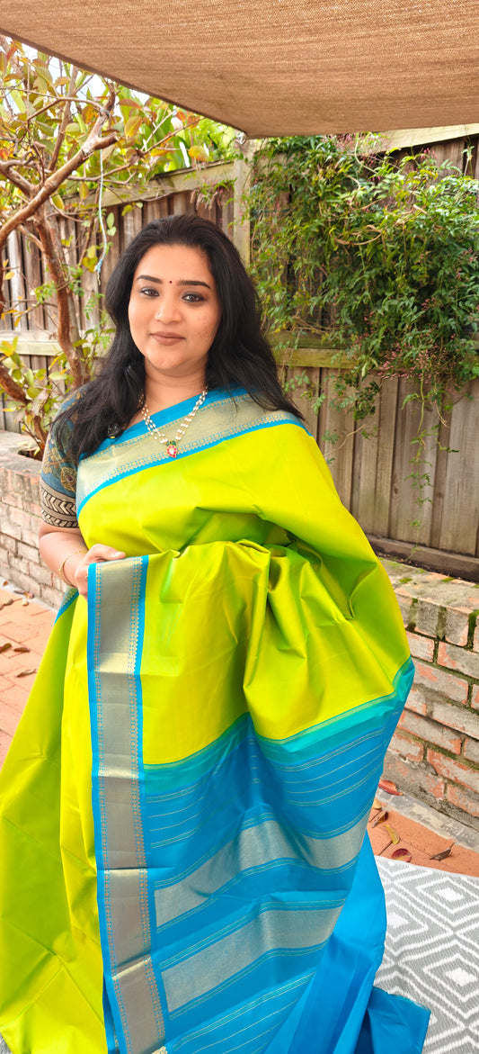 Parrot Green and Blue korvai -Kanjivaram Silk Saree