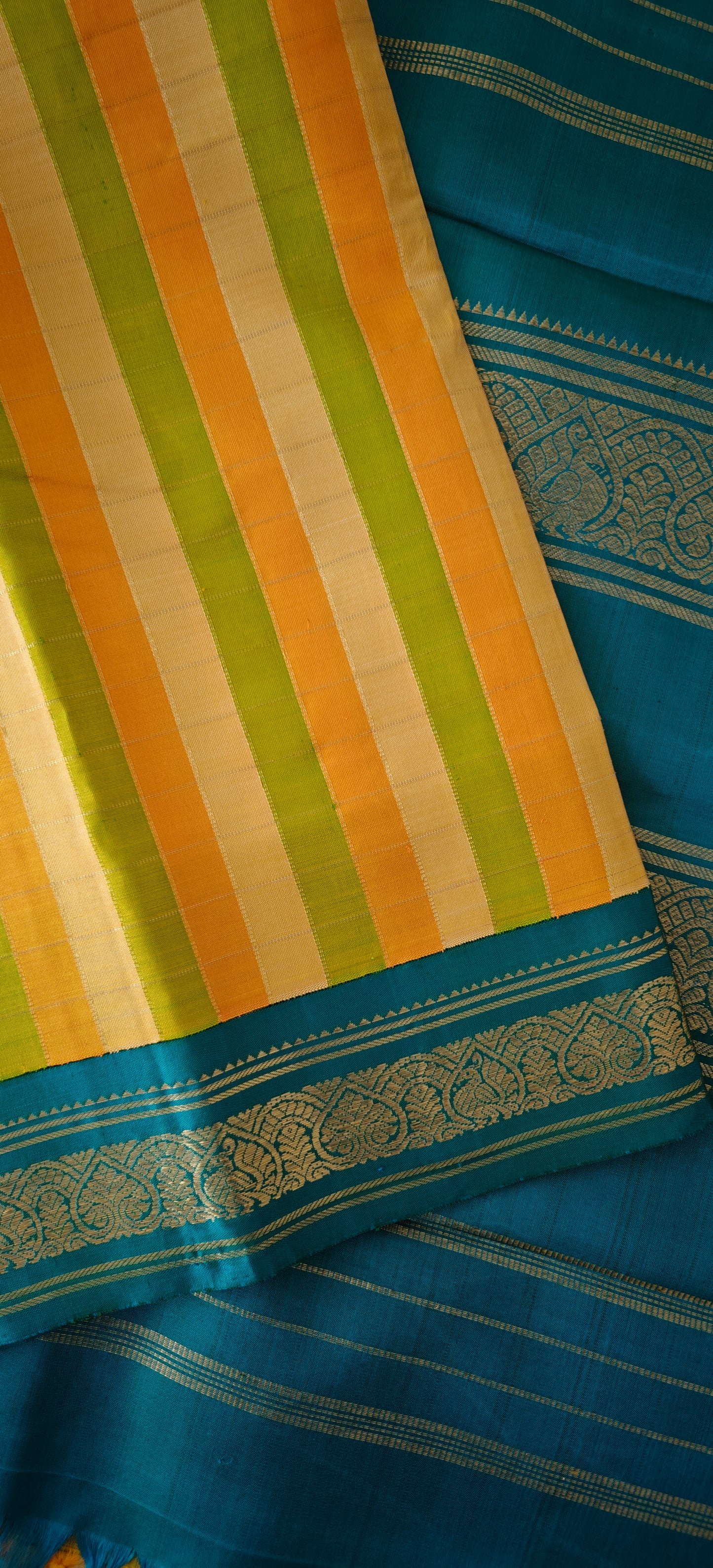 Yellow and Teal Blue Kanjivaram silk saree