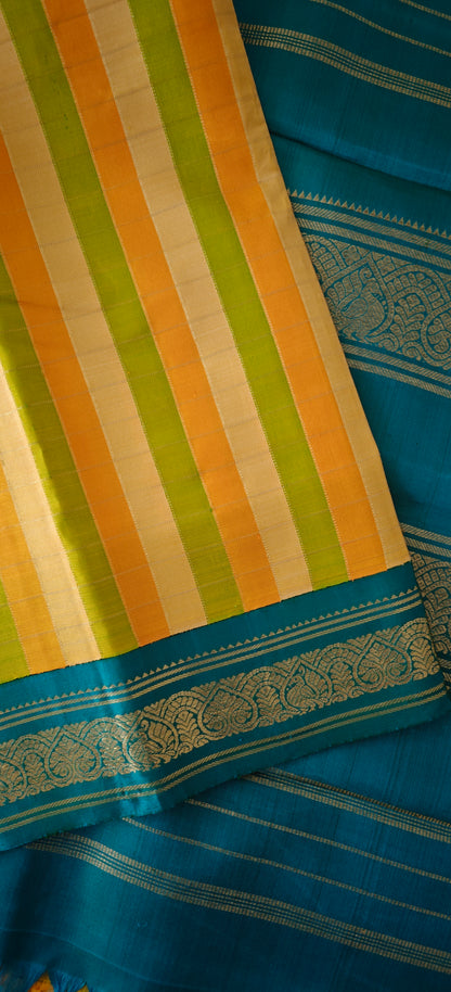 Yellow and Teal Blue Kanjivaram silk saree