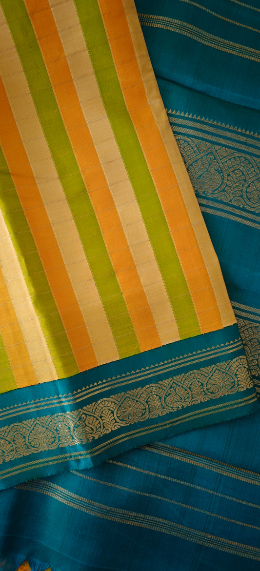 Yellow and Teal Blue Kanjivaram silk saree