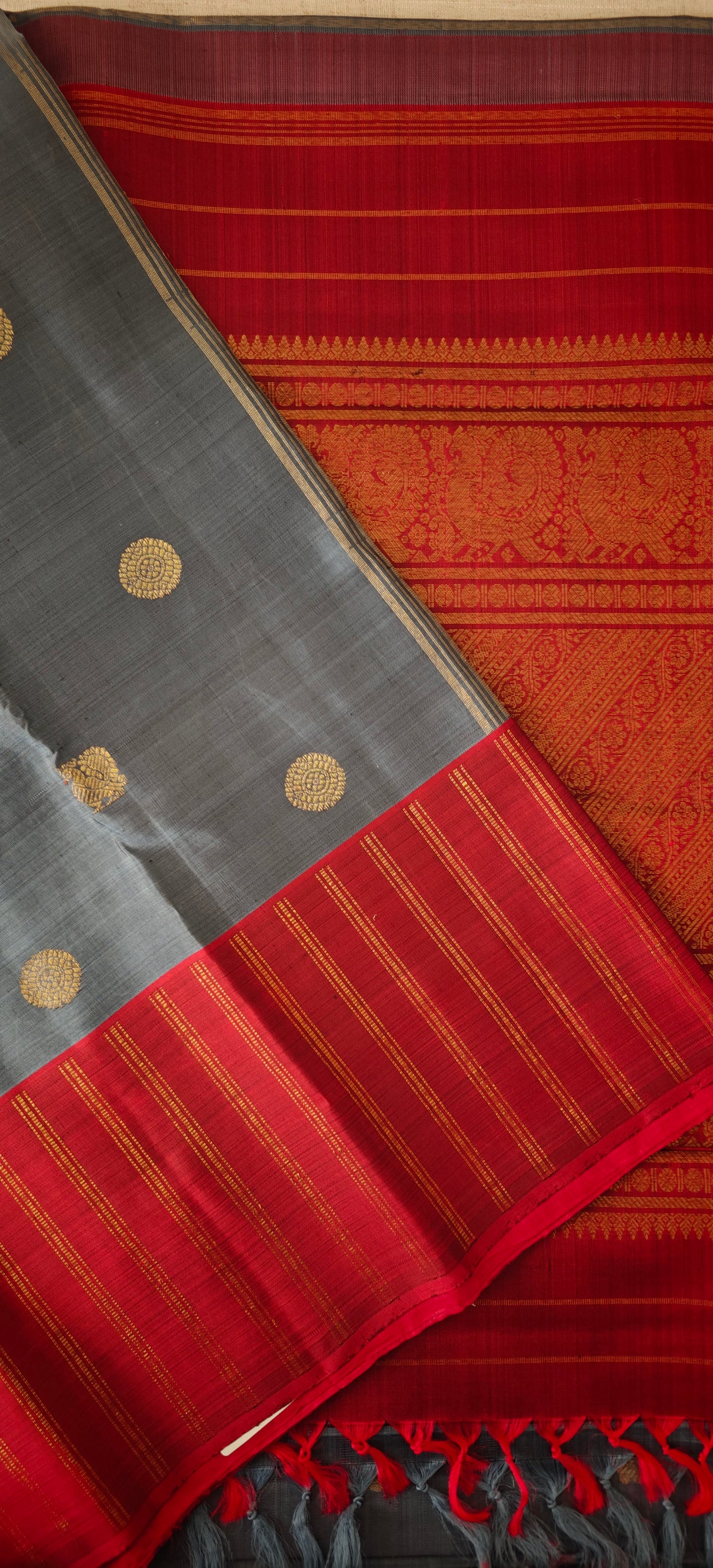 Grey and Maroon Kanjivaram silk saree