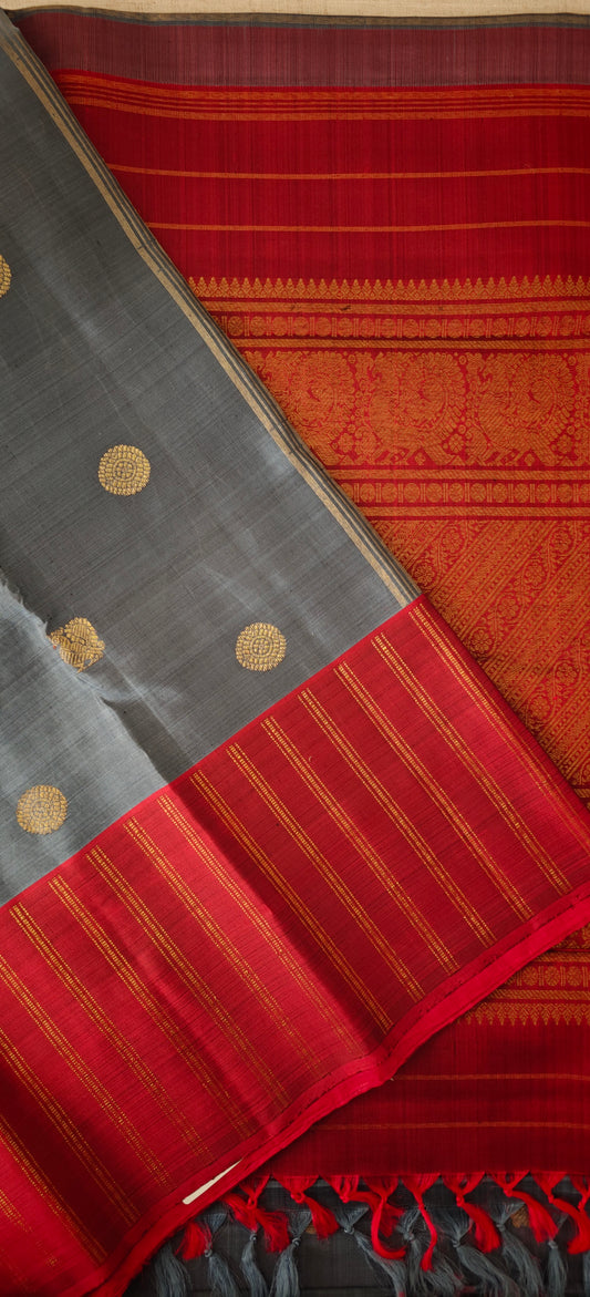 Grey and Maroon Kanjivaram silk saree