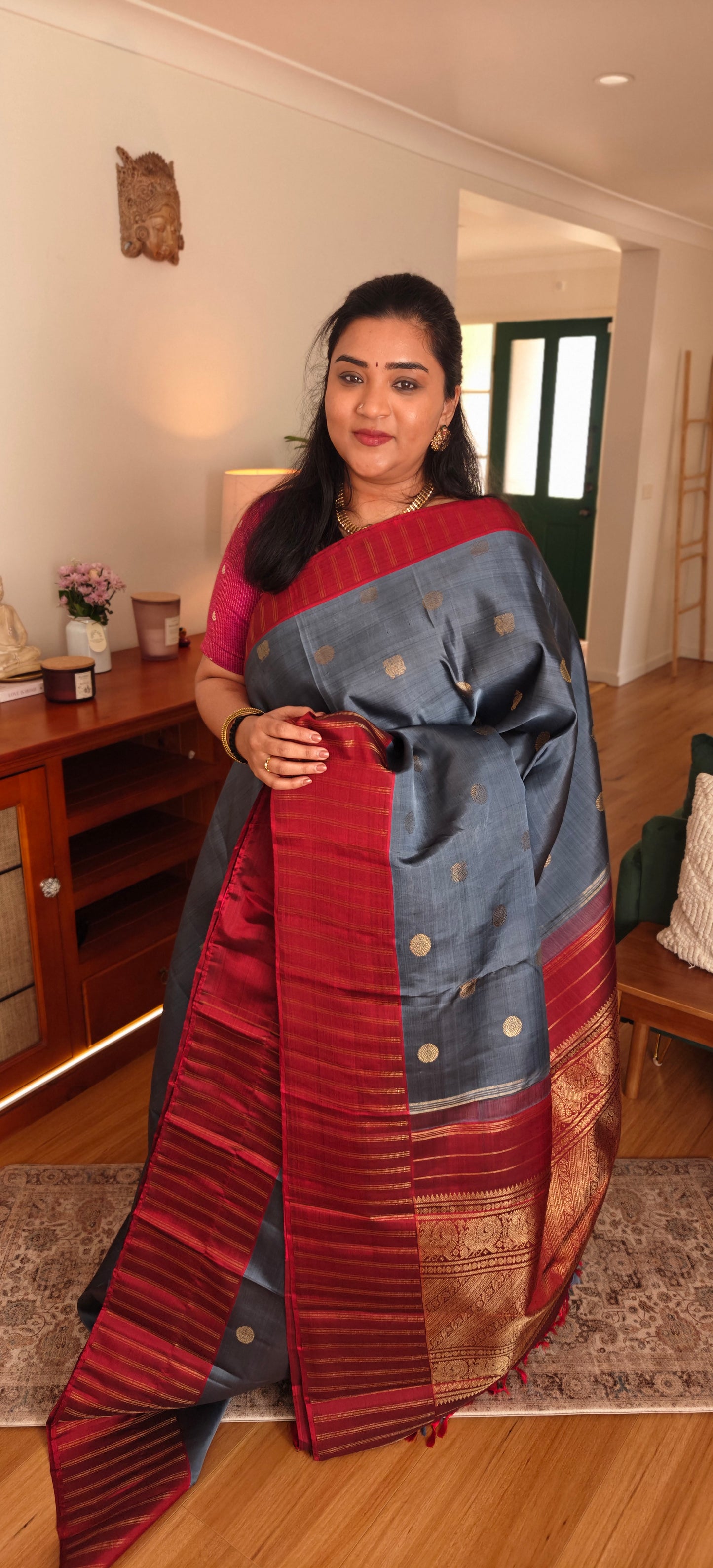 Grey and Maroon Kanjivaram silk saree
