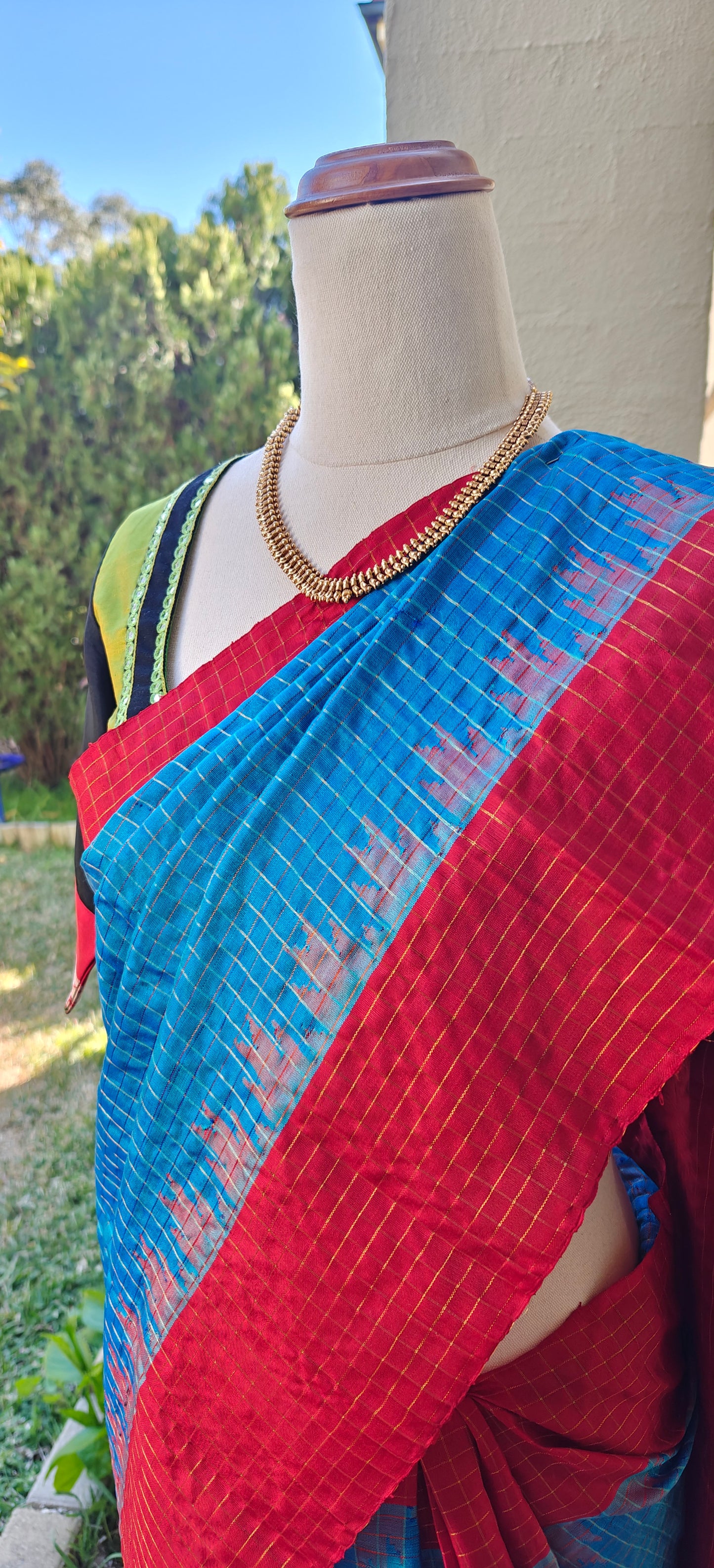 Blue and Red zari checks Gadwal Silk Saree