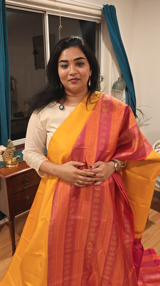 Yellow and Pink Half and Half kanjivaram silk saree