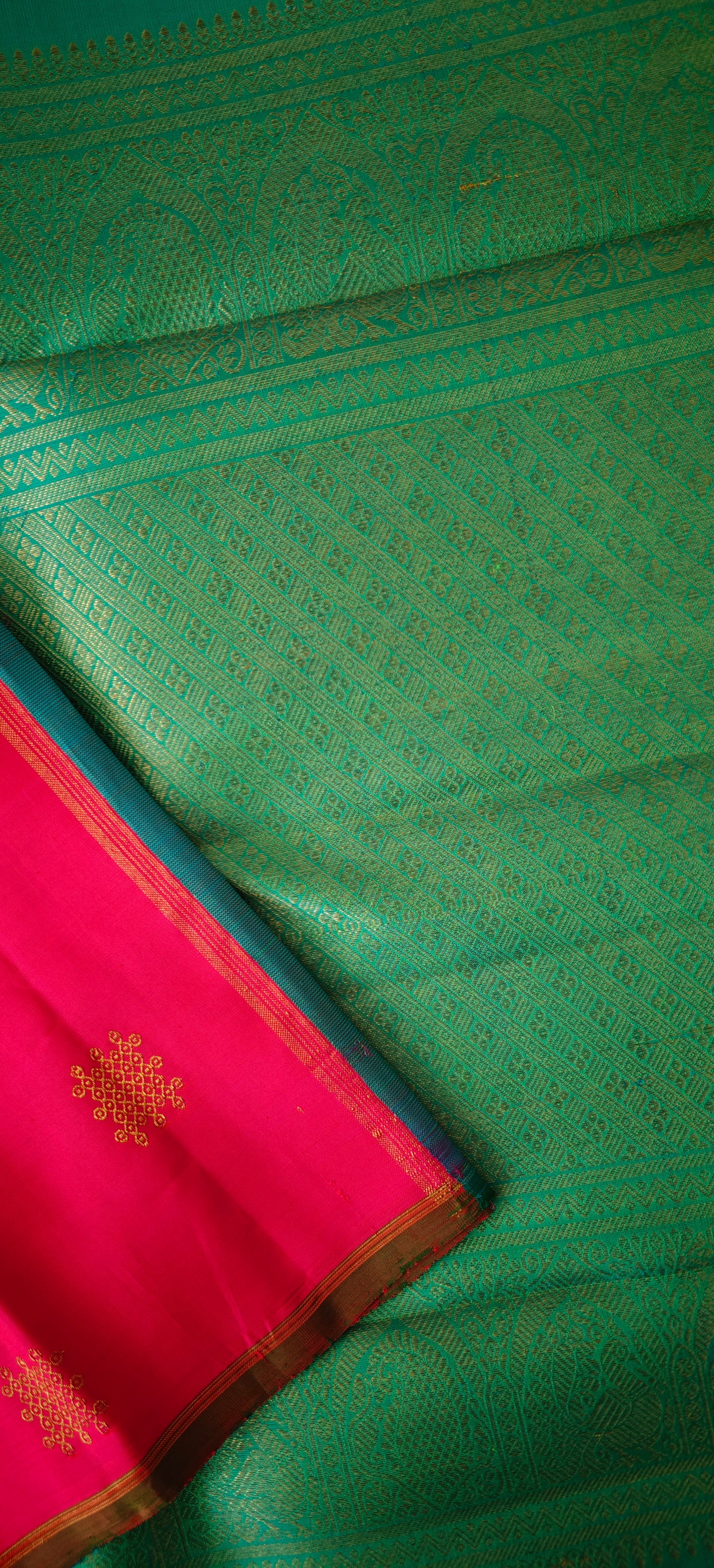 Pink and Blue Borderless Kolam Handwoven Kanjivaram Silk Sari