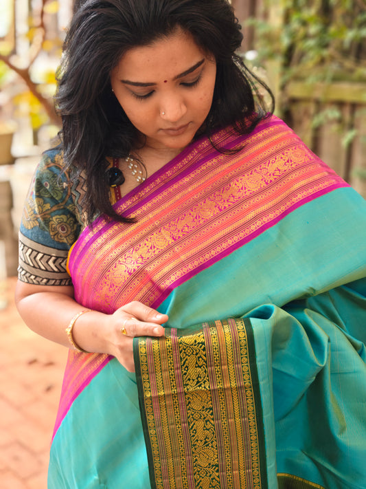 Ice Blue Ganga Jamuna korvai -Kanjivaram Silk Saree