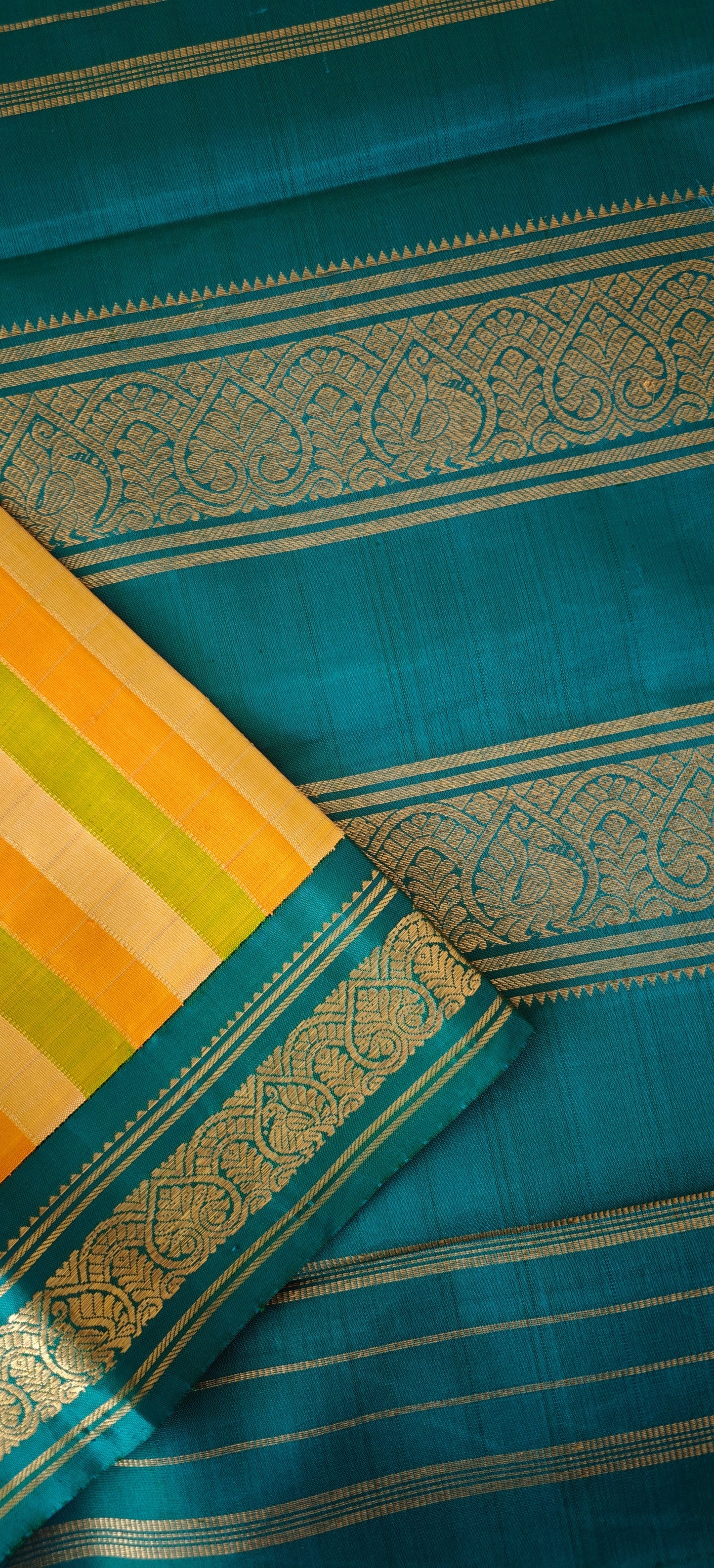 Yellow and Teal Blue Kanjivaram silk saree