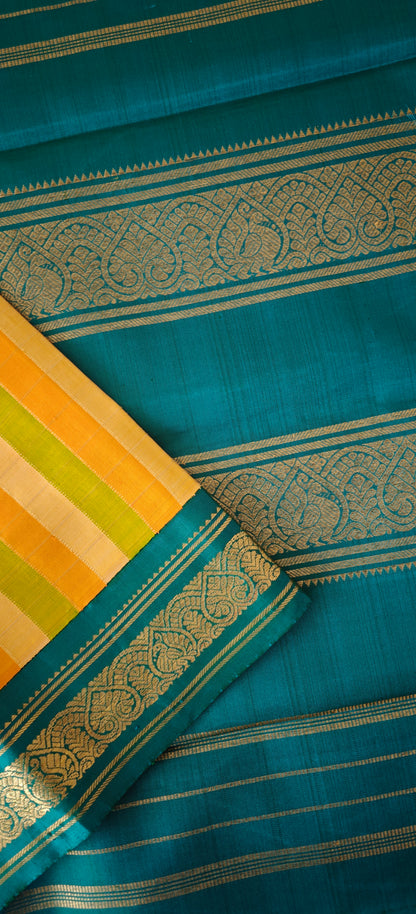 Yellow and Teal Blue Kanjivaram silk saree