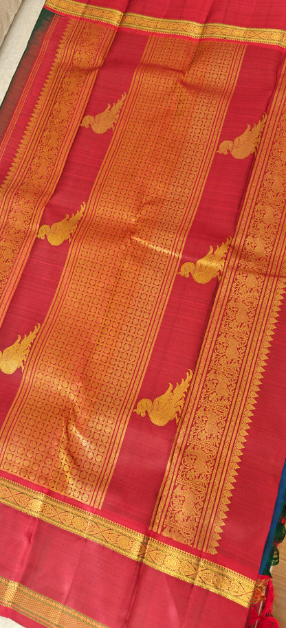 Peacock blue and maroon kanjivaram silk saree