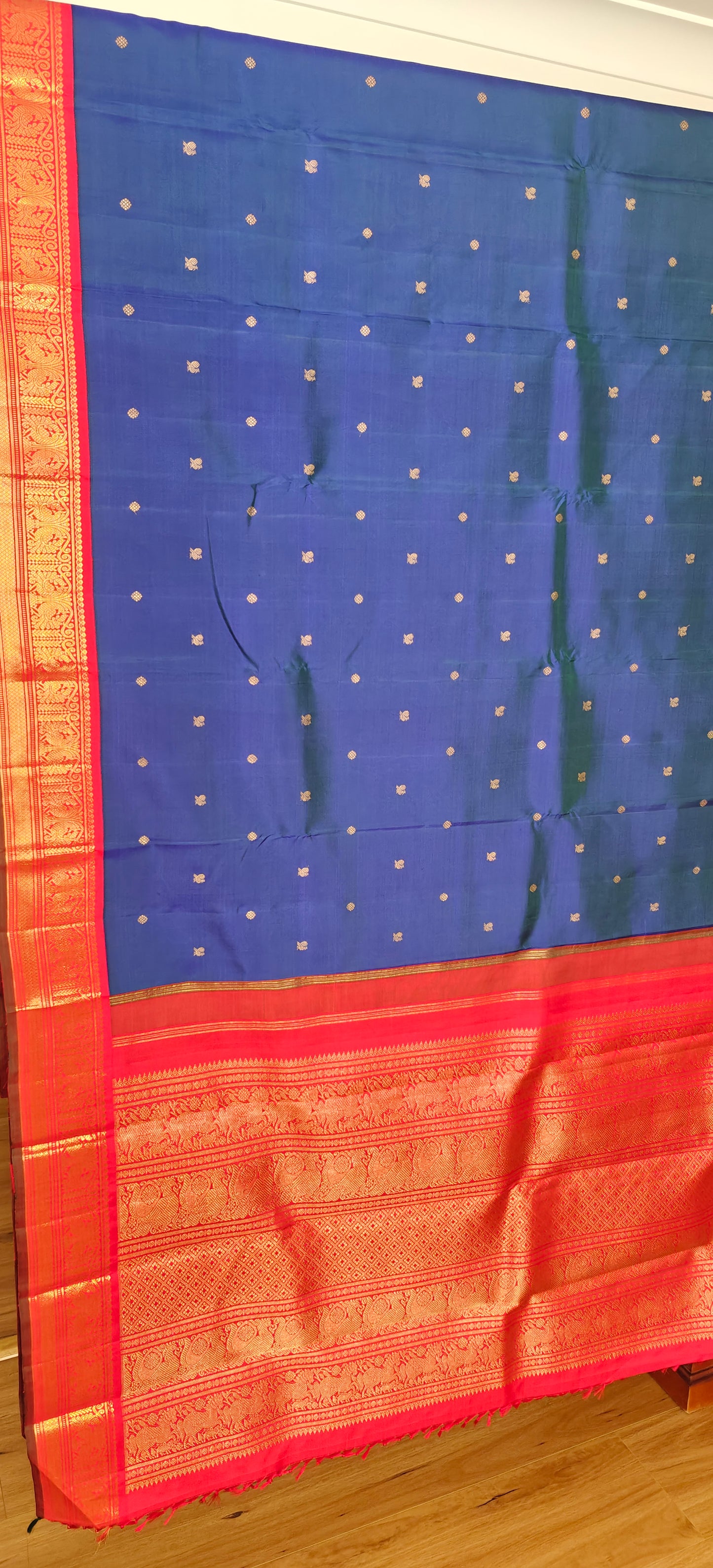 Peacock blue with Red Kanjeevaram silk saree