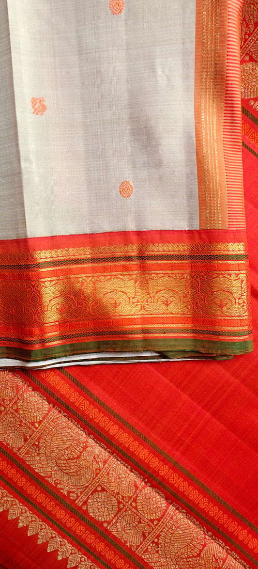 Cream and Orange kanjivaram silk saree