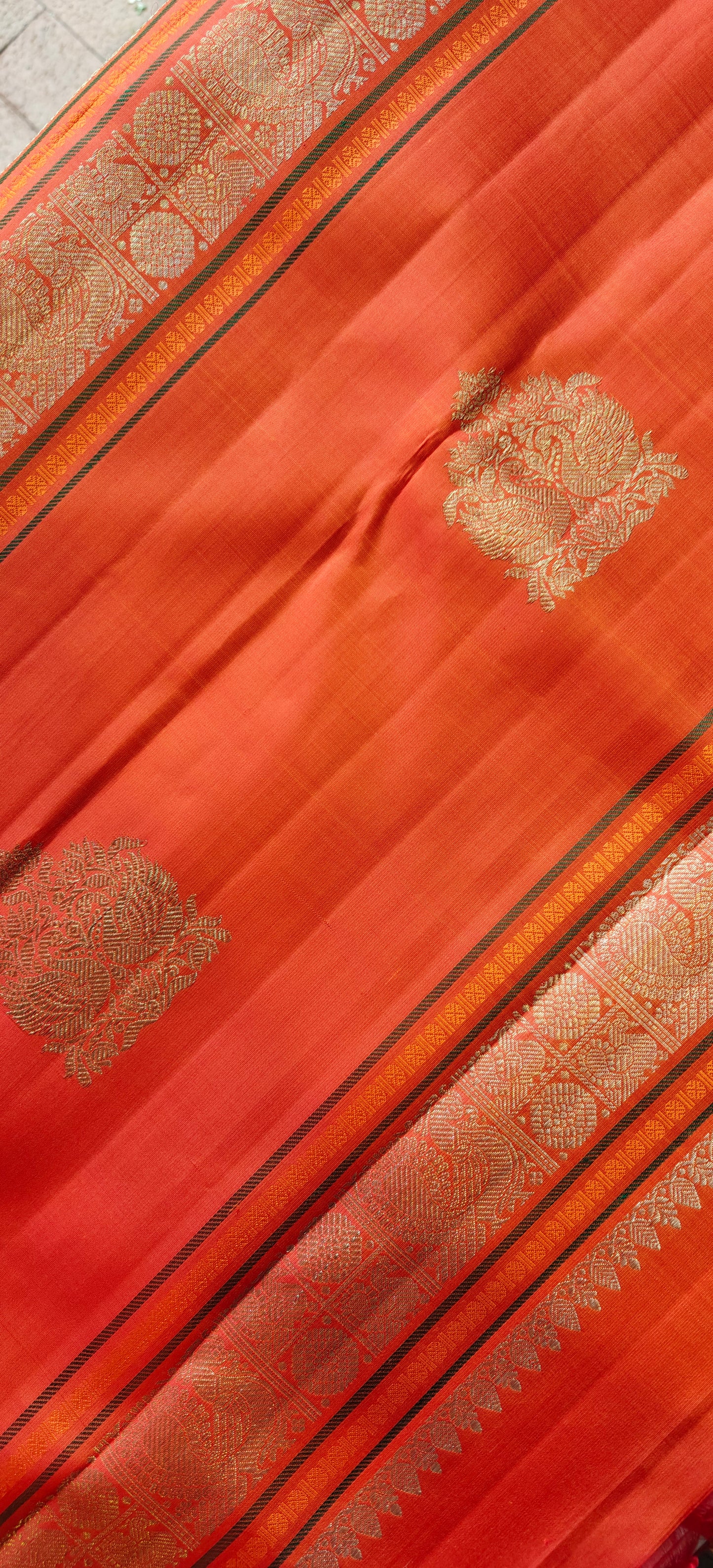 Cream and Orange kanjivaram silk saree