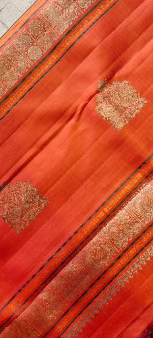 Cream and Orange kanjivaram silk saree