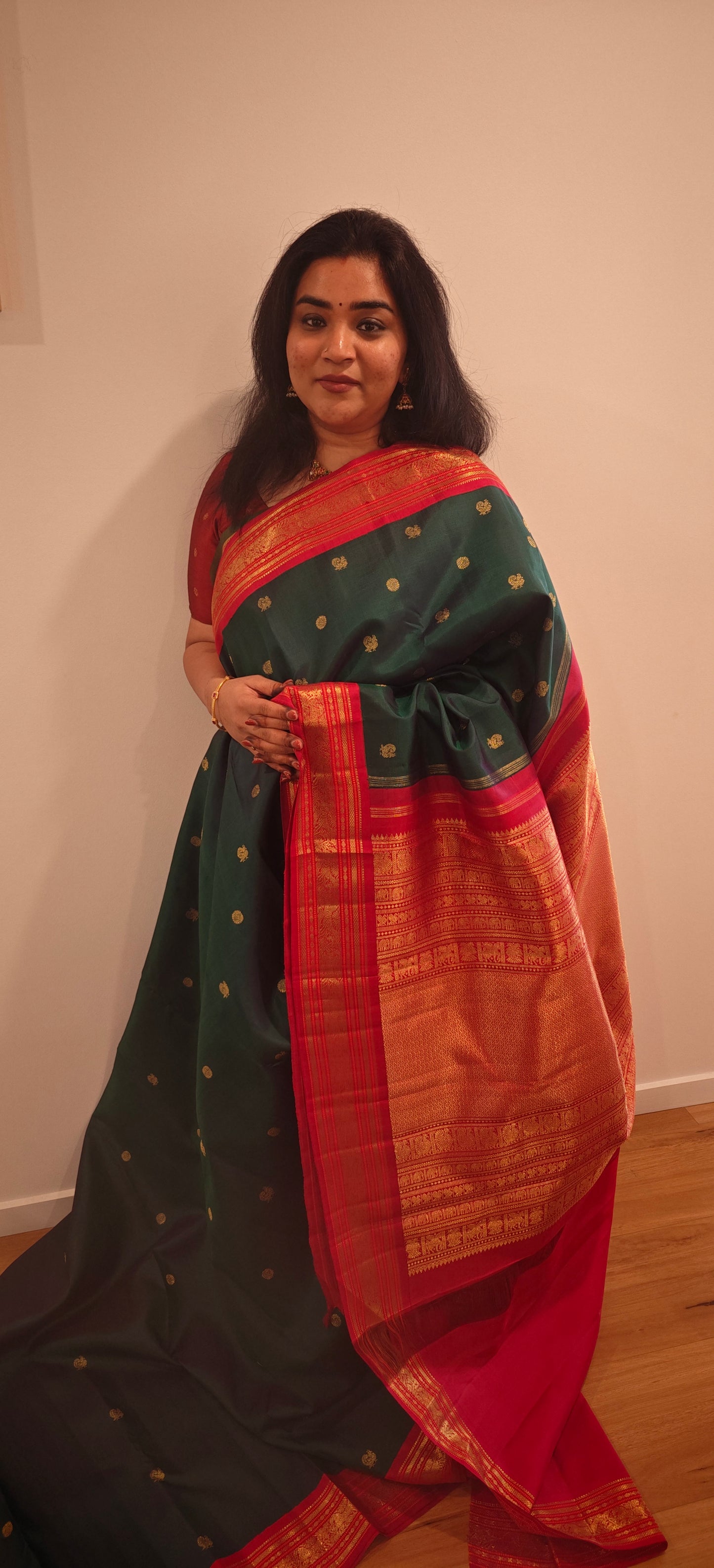 Peacock green with Kumkum red kanjivaram silk saree