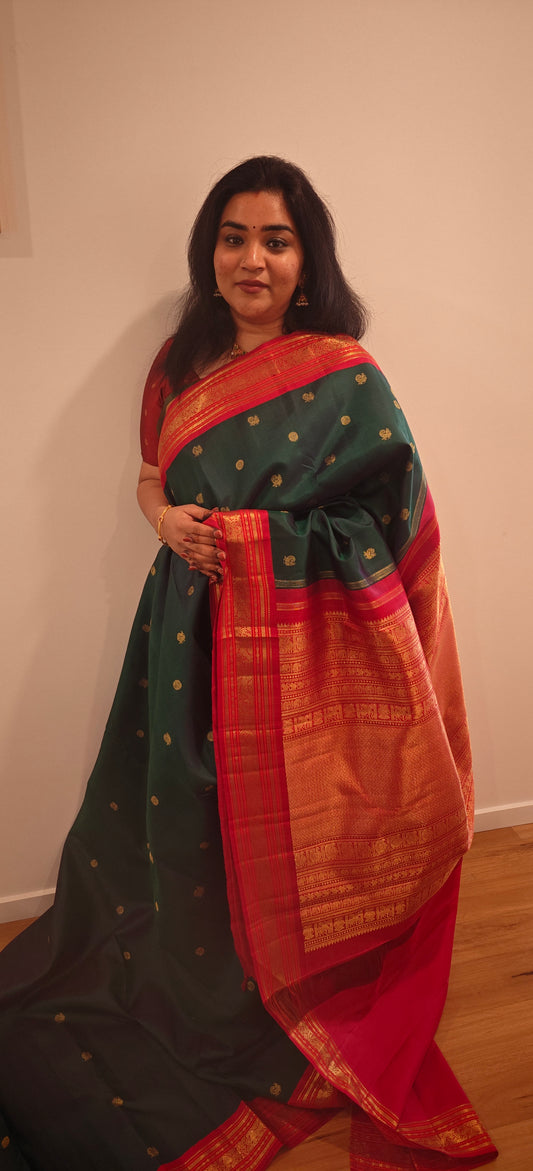 Peacock green with Kumkum red kanjivaram silk saree