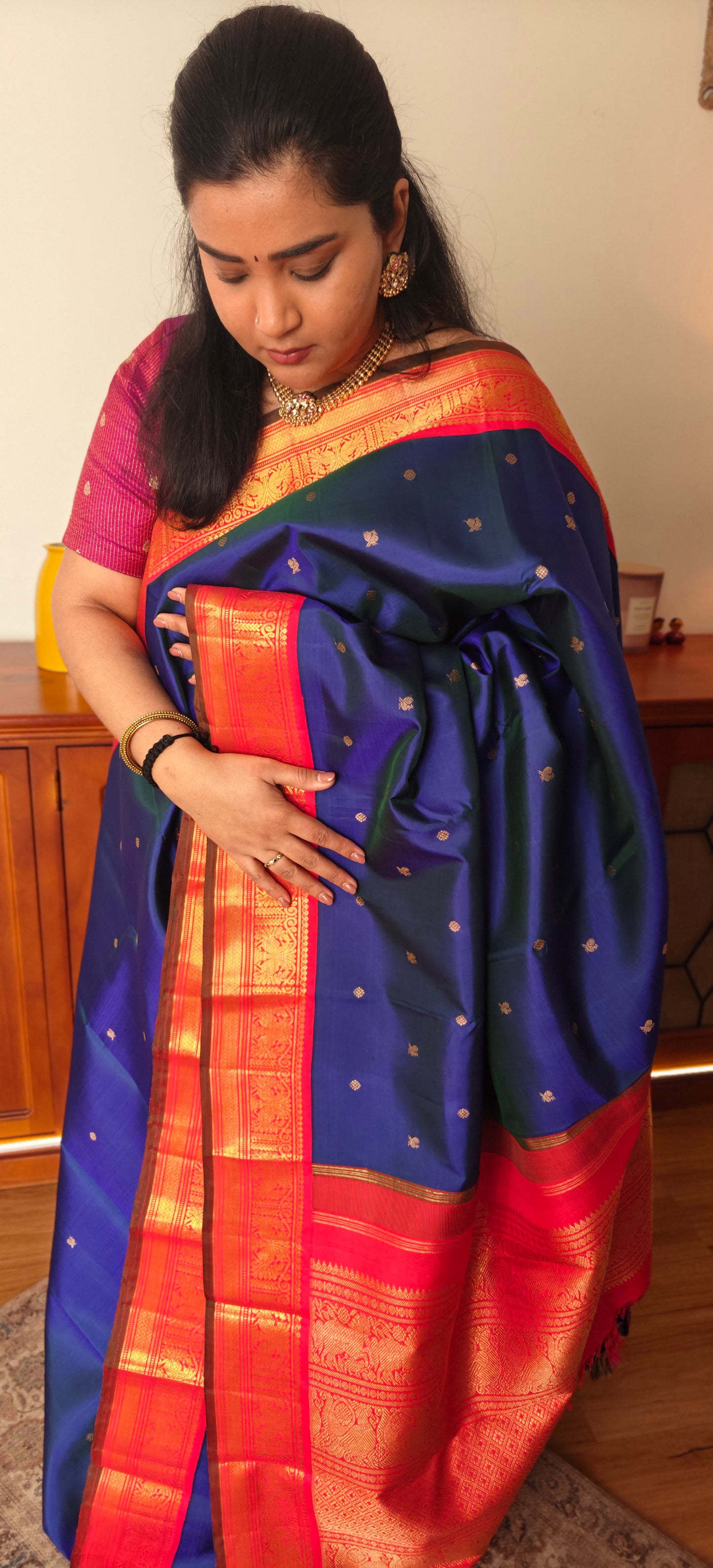Peacock blue with Red Kanjeevaram silk saree