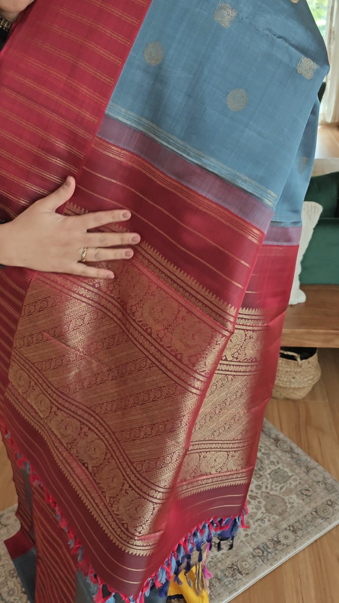 Grey and Maroon Kanjivaram silk saree