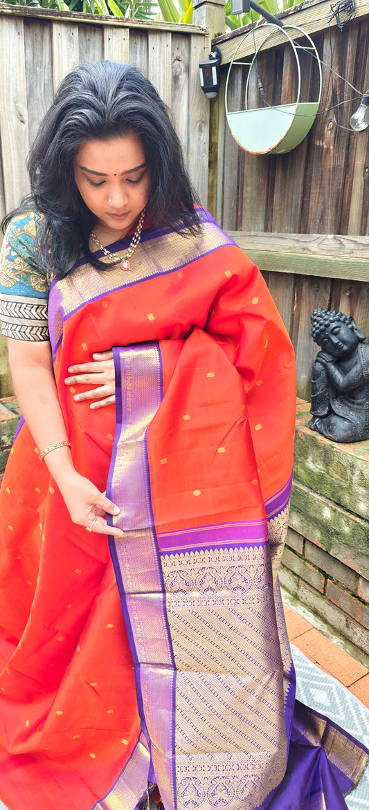 Orange and Violet korvai -Kanjivaram Silk Saree