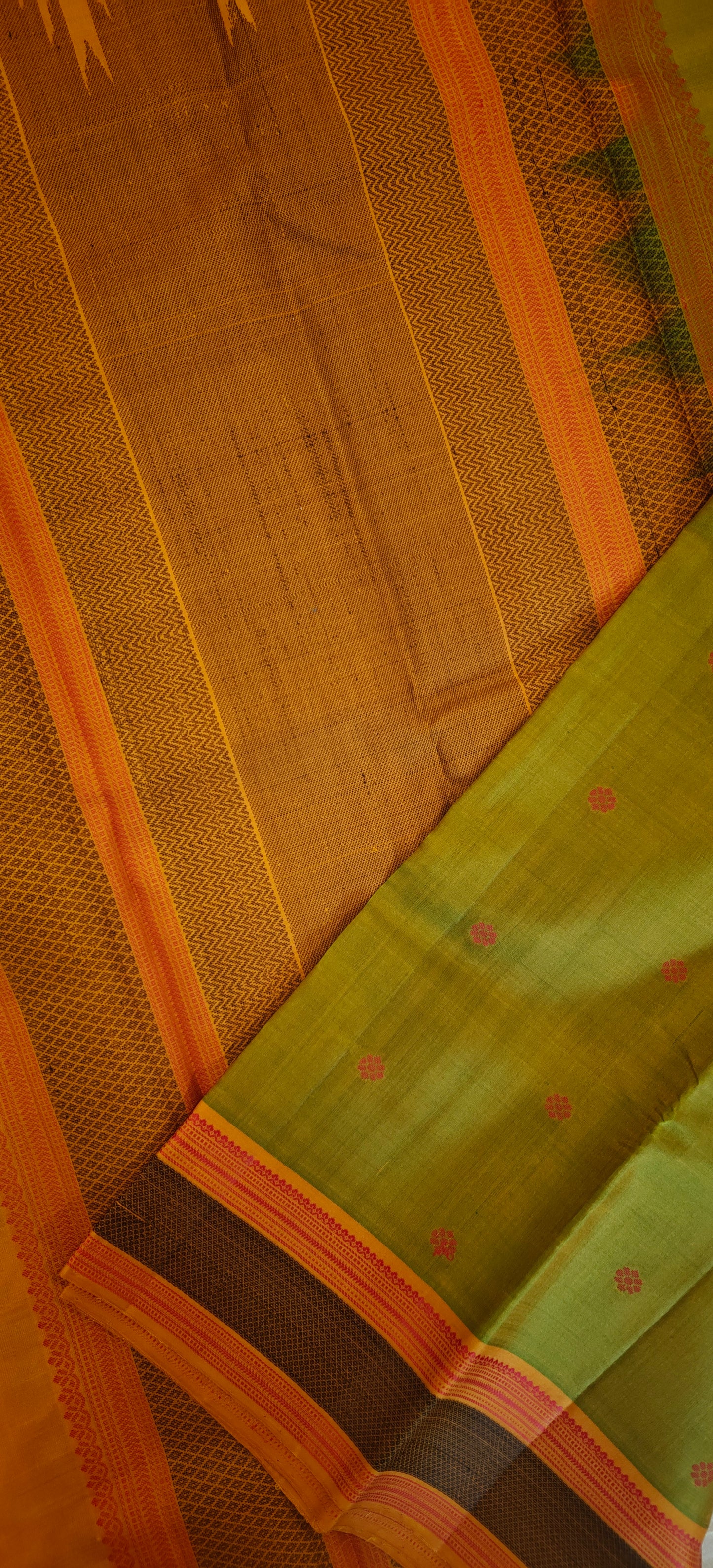 Leaf Green with Yellow & Orange kanjivaram silk saree