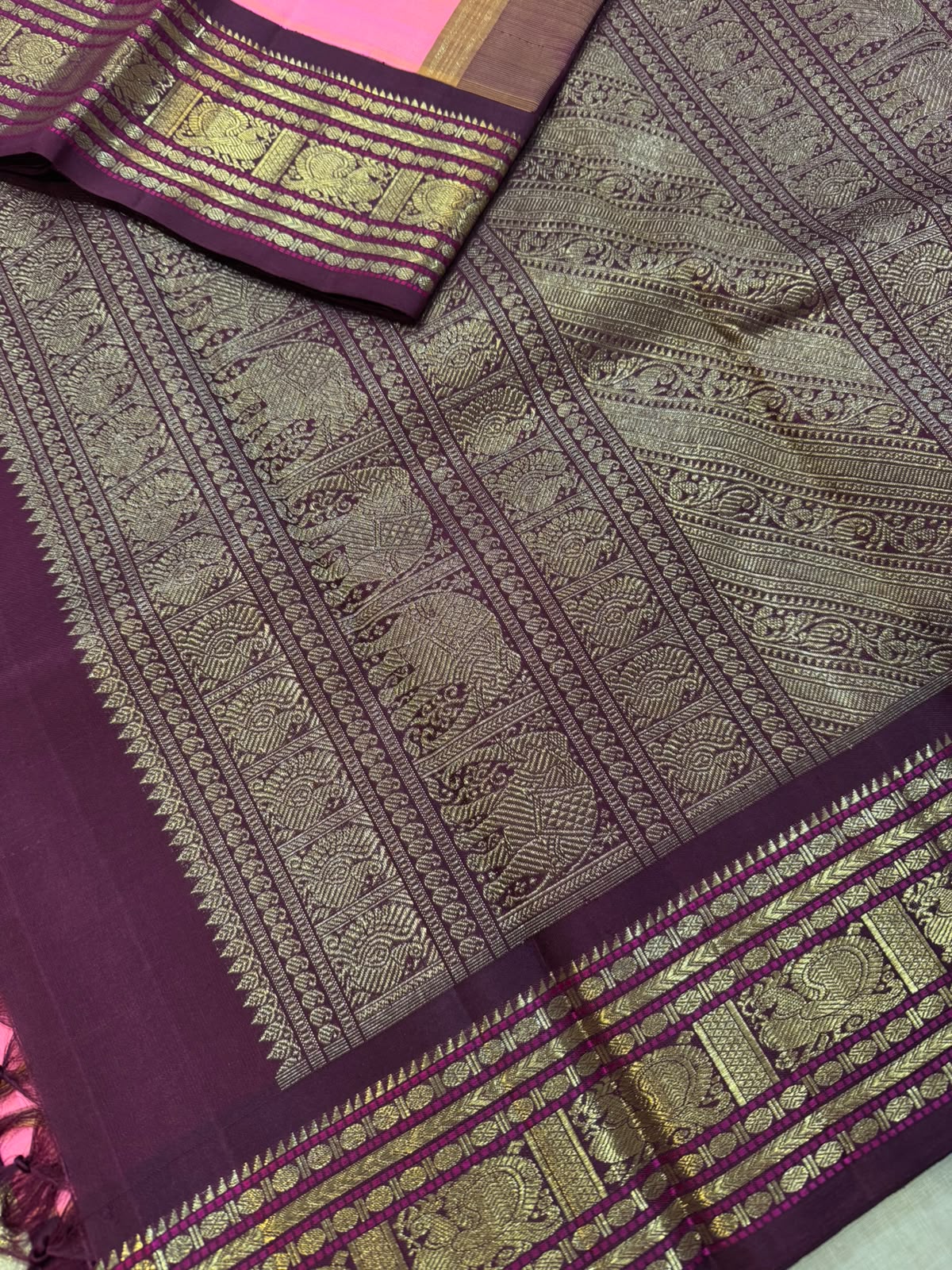 Bright pink and maroon kanjivaram silk saree