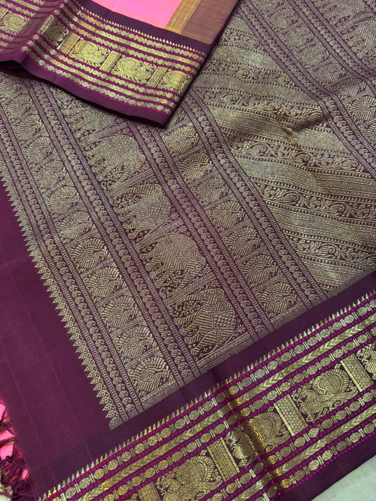 Bright pink and maroon kanjivaram silk saree