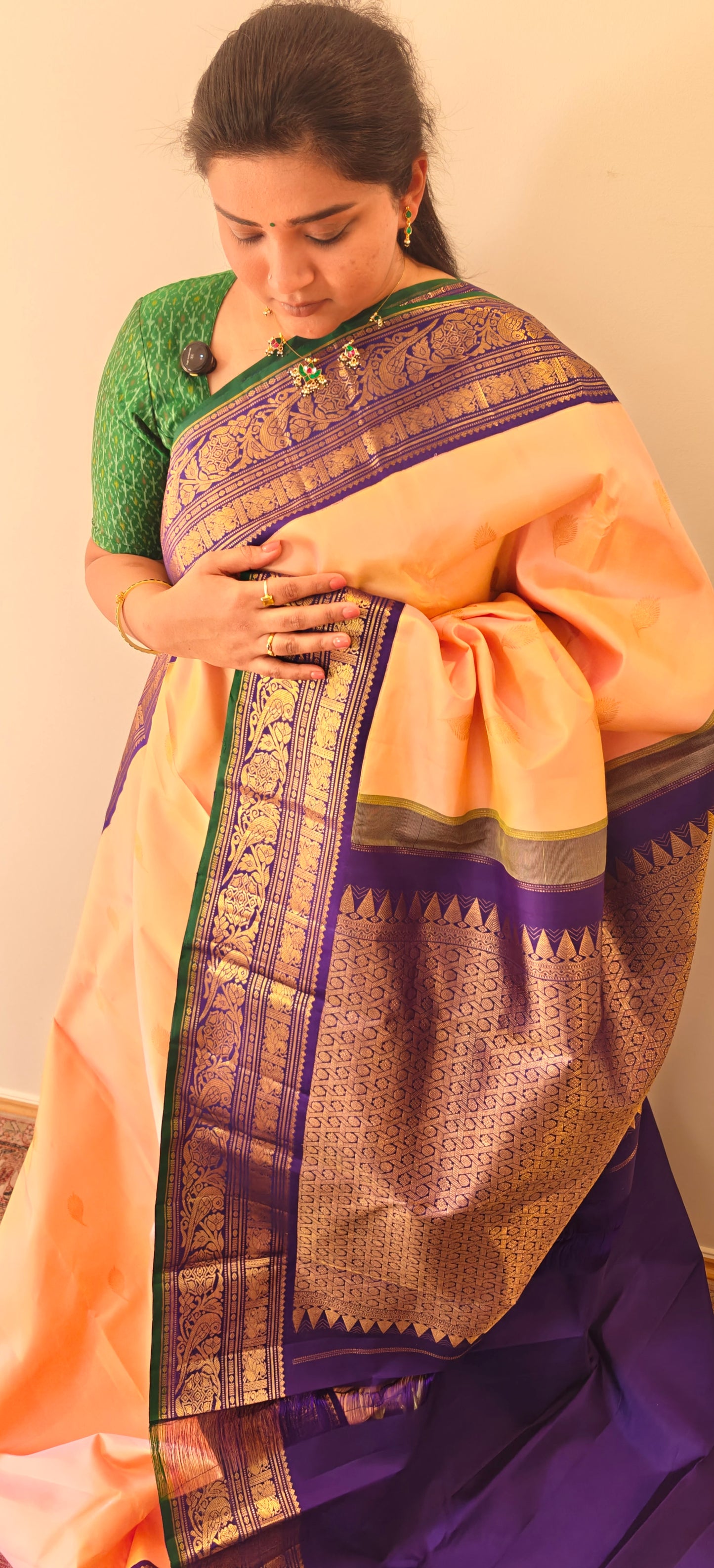 Beige  with pink dual tone and blue border-Kanjivaram Silk Saree