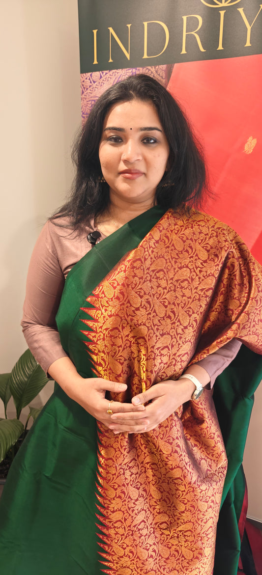 Rising border dark green and red-Kanjivaram Silk Saree