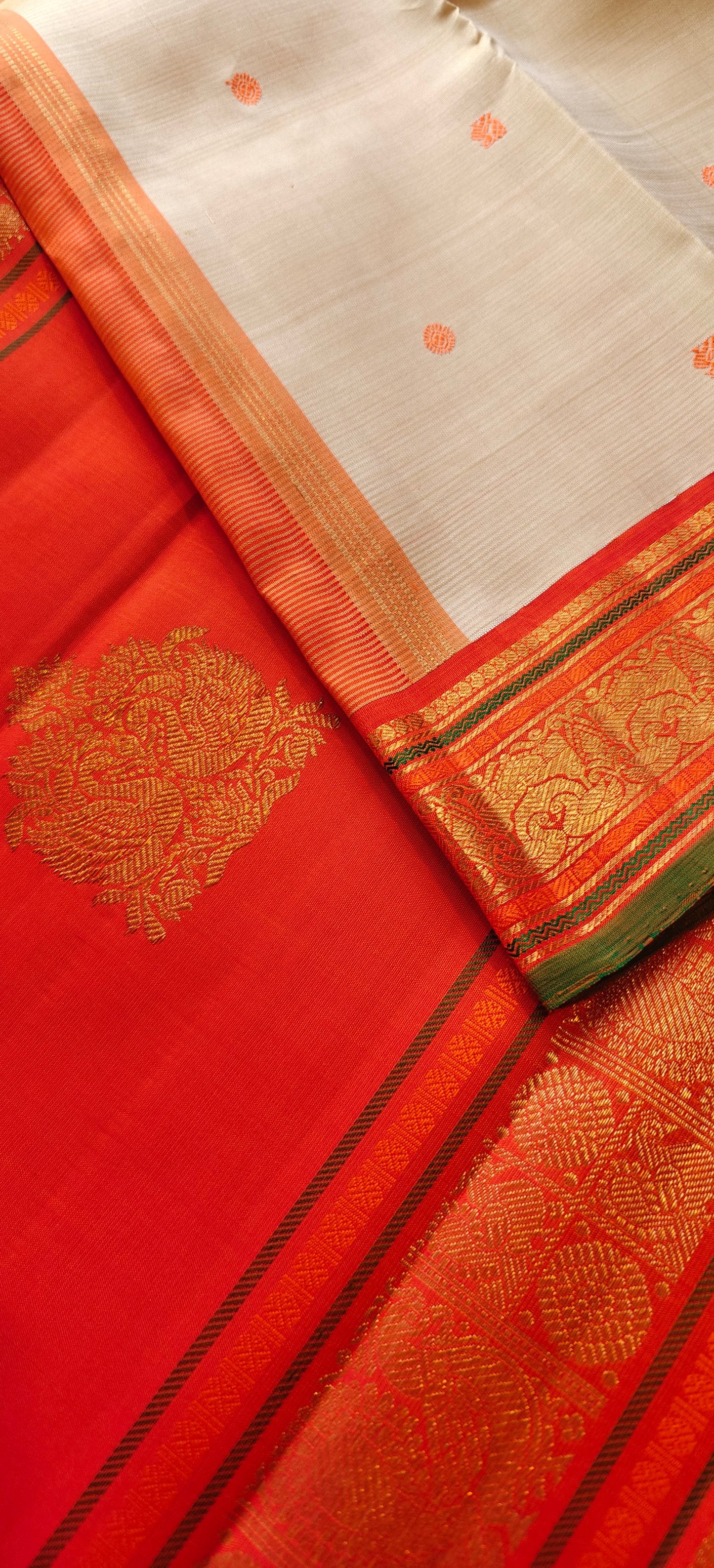 Cream and Orange kanjivaram silk saree