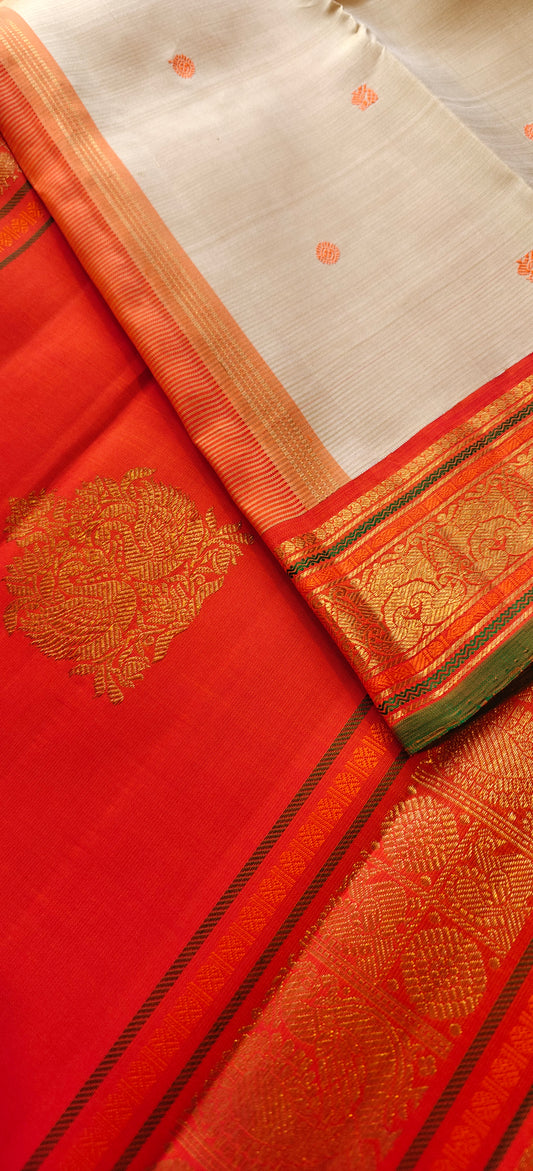 Cream and Orange kanjivaram silk saree