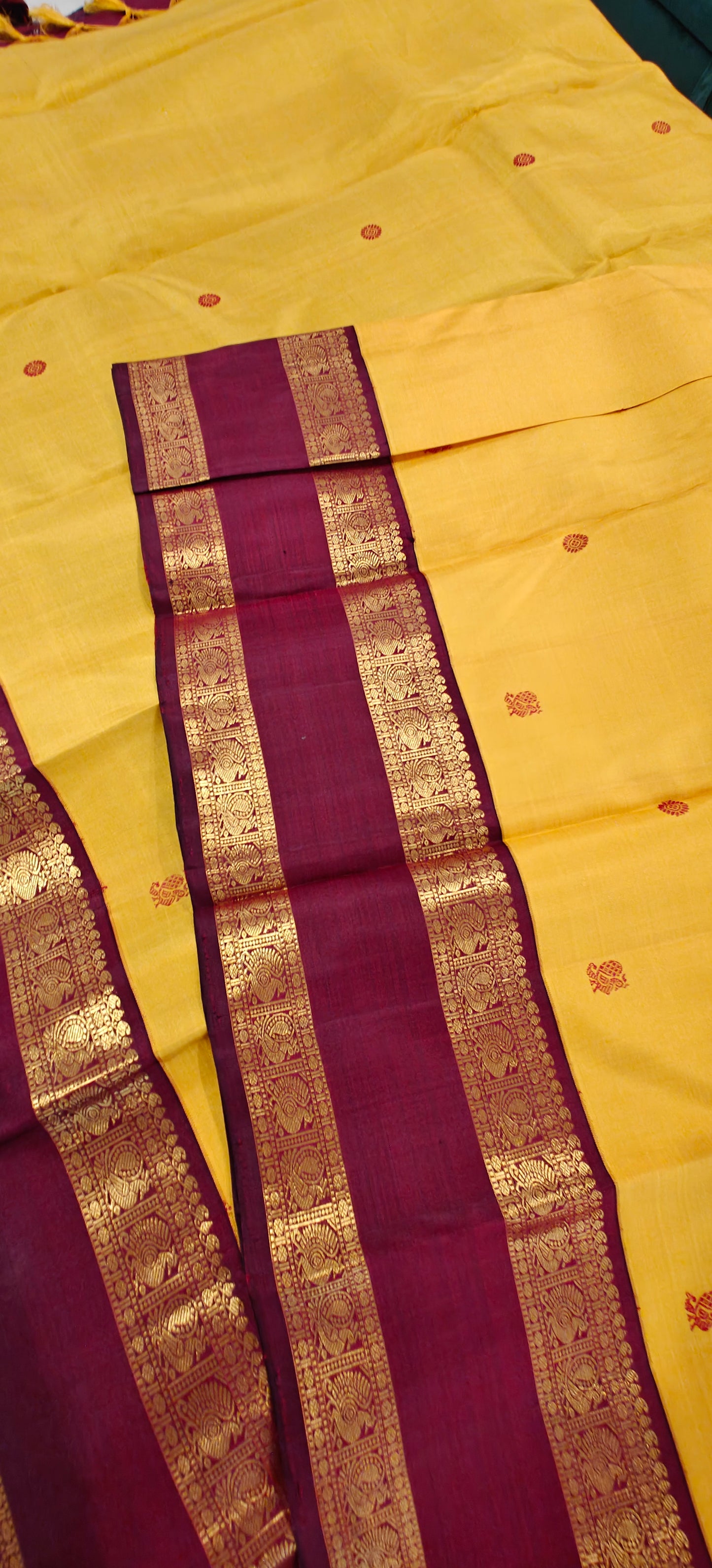 Mustard and Deep Maroon -Kanjivaram Silk Sari