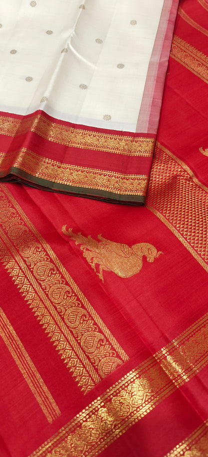 Off White and Red Kanjivaram silk saree