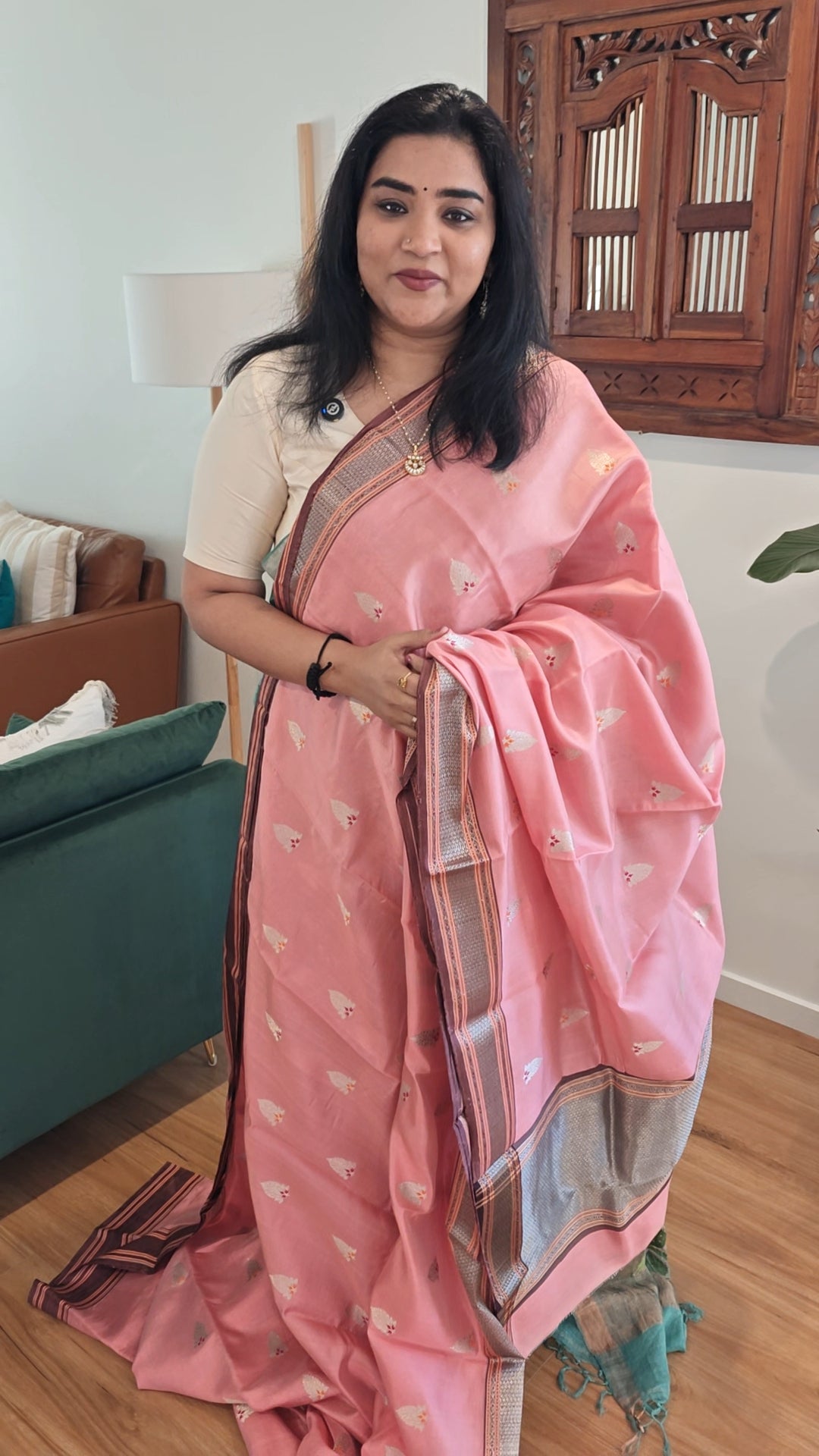 Peachy  Pink Chanderi Silk Sari