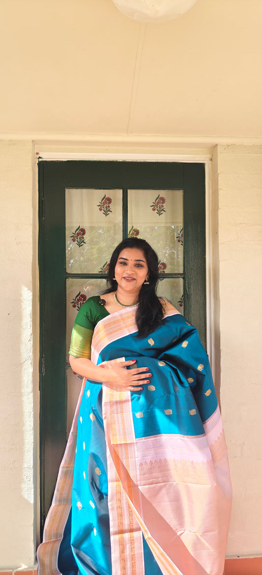 Sapphire blue and Pastel pink-Kanjivaram Silk Saree