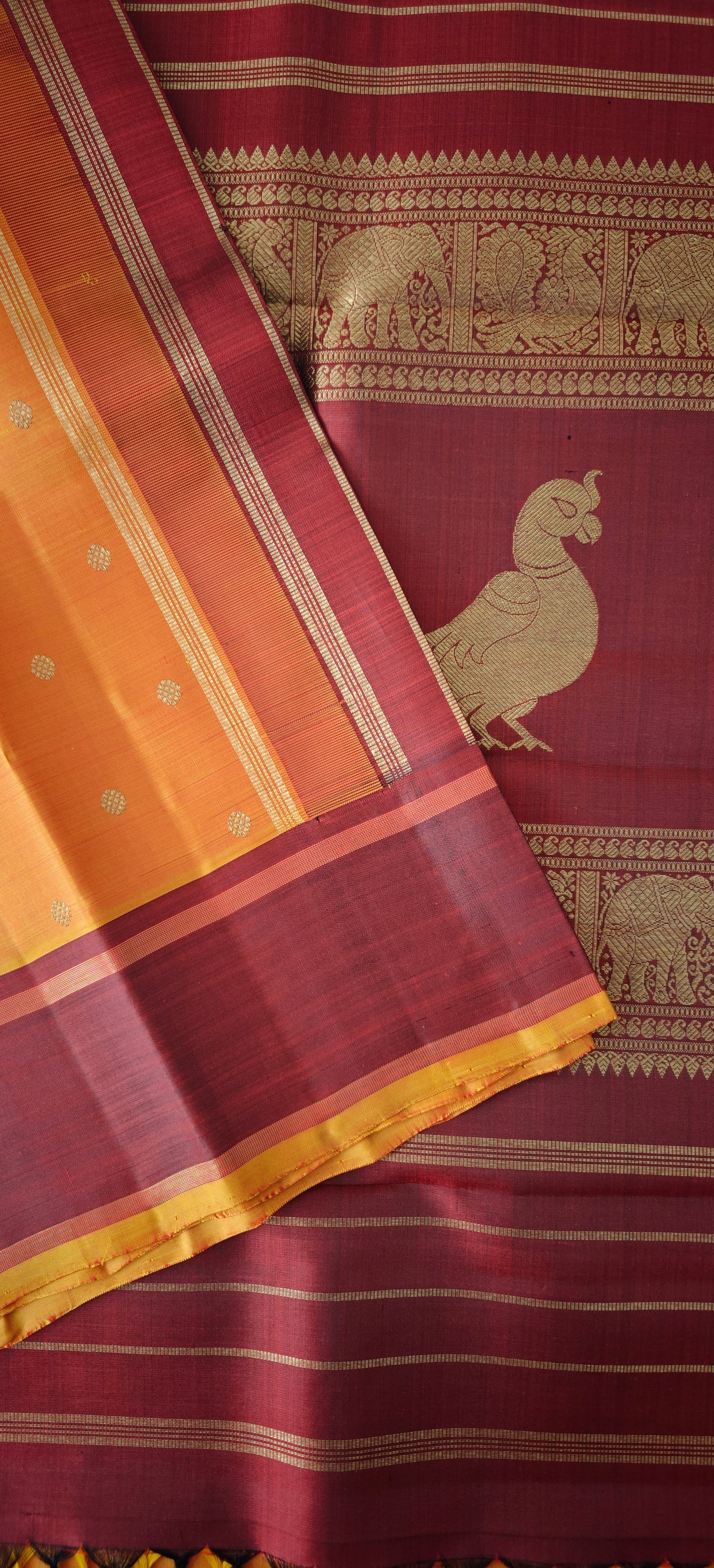 Kesar Orange and Maroon kanjivaram silk saree