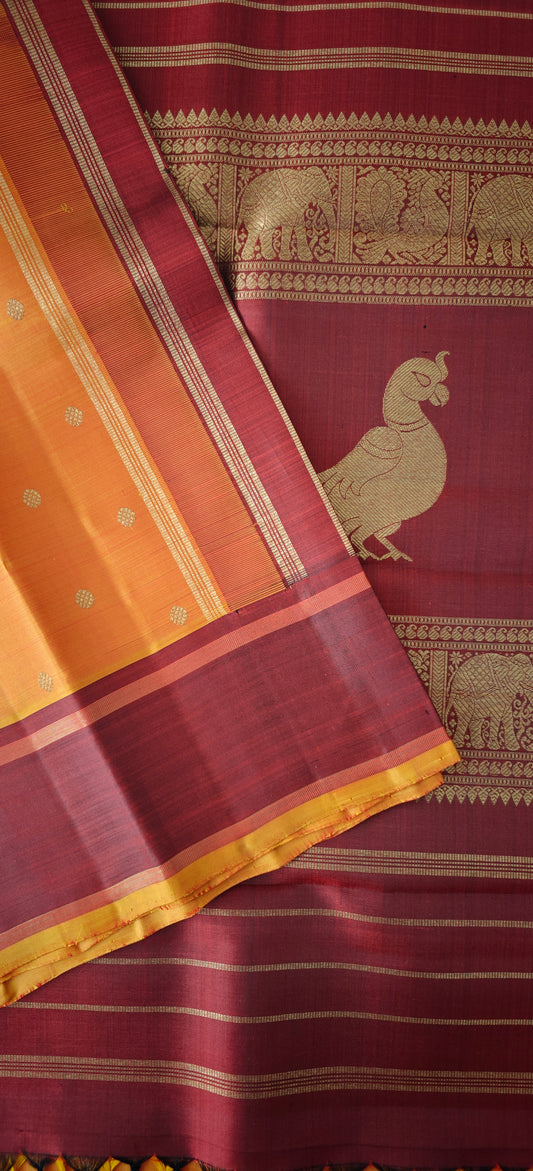 Kesar Orange and Maroon kanjivaram silk saree