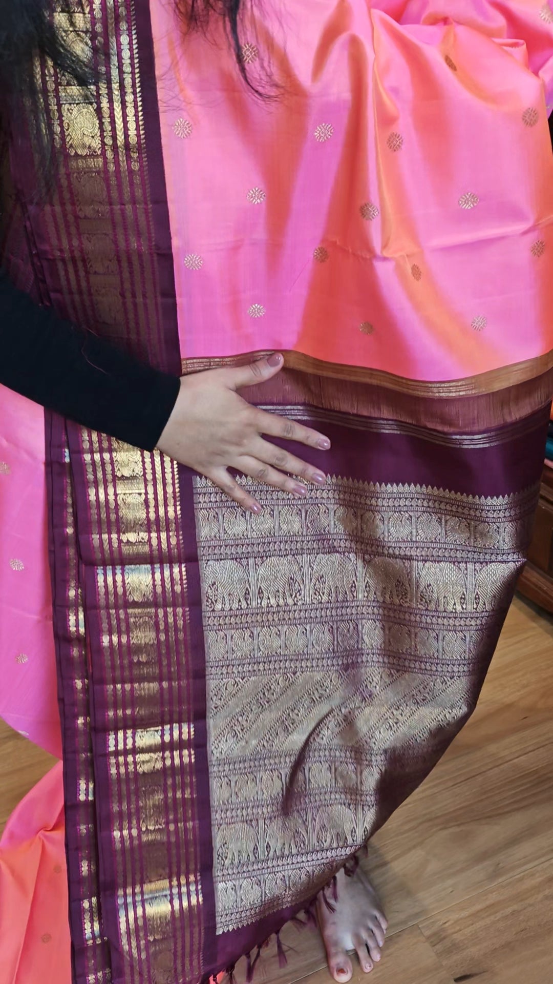 Bright pink and maroon kanjivaram silk saree