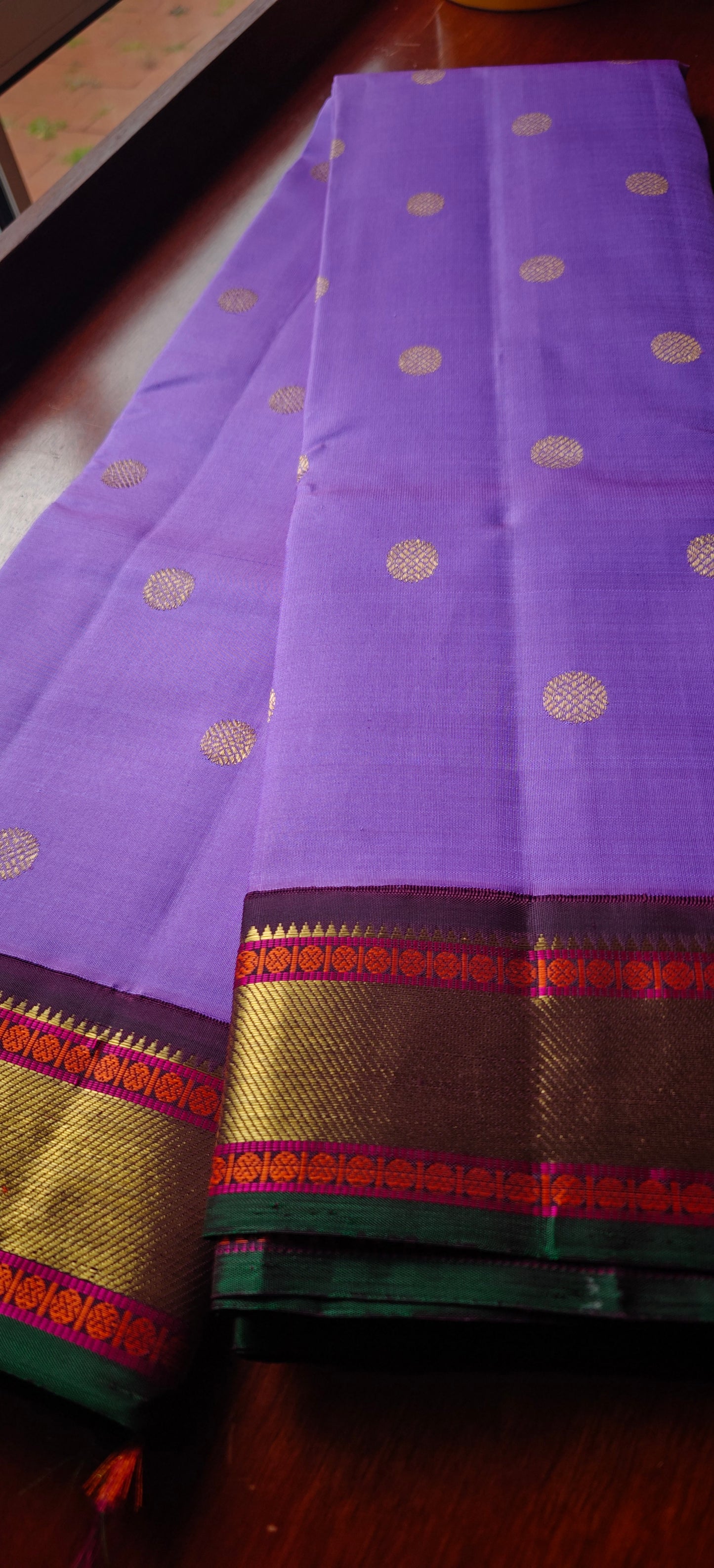 Lavender and coffee brown kanjivaram silk saree