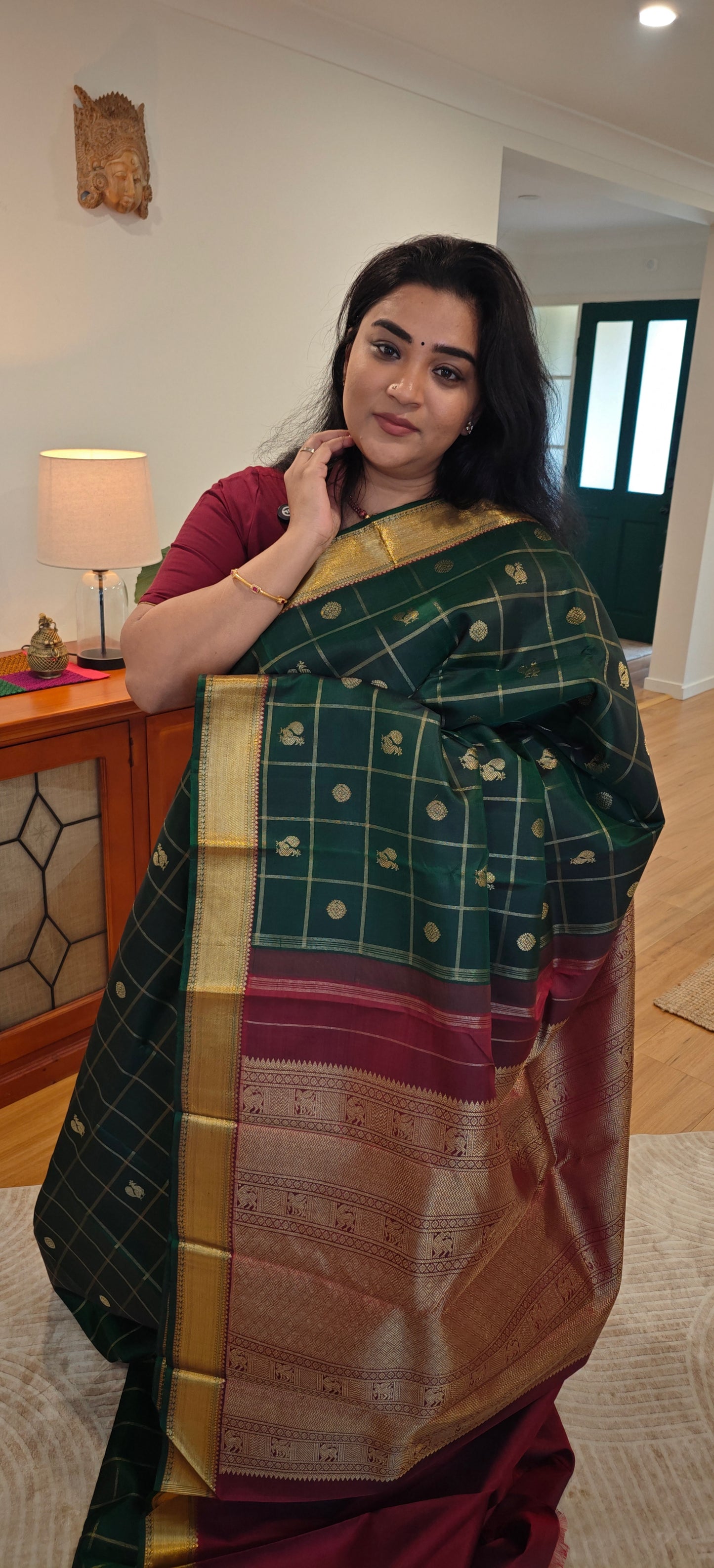 Bottle green and maroon kanjivaram silk saree