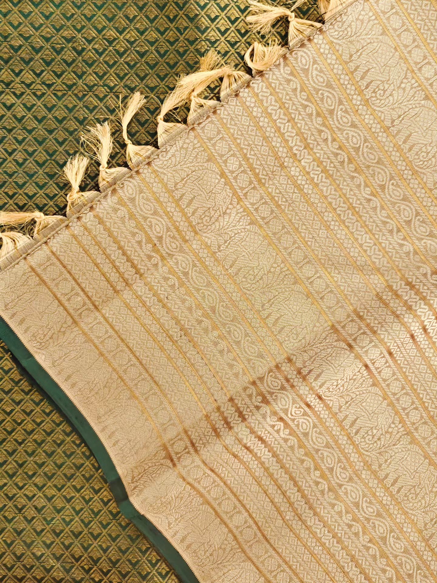Thread work Kanjivaram silk saree with beige body and green pallu
